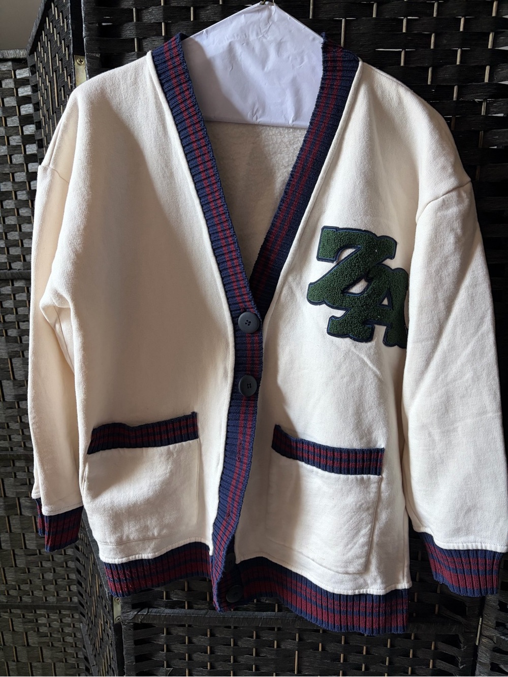Zara Cream Cardigan with Navy-Red Trim and Green Patch
